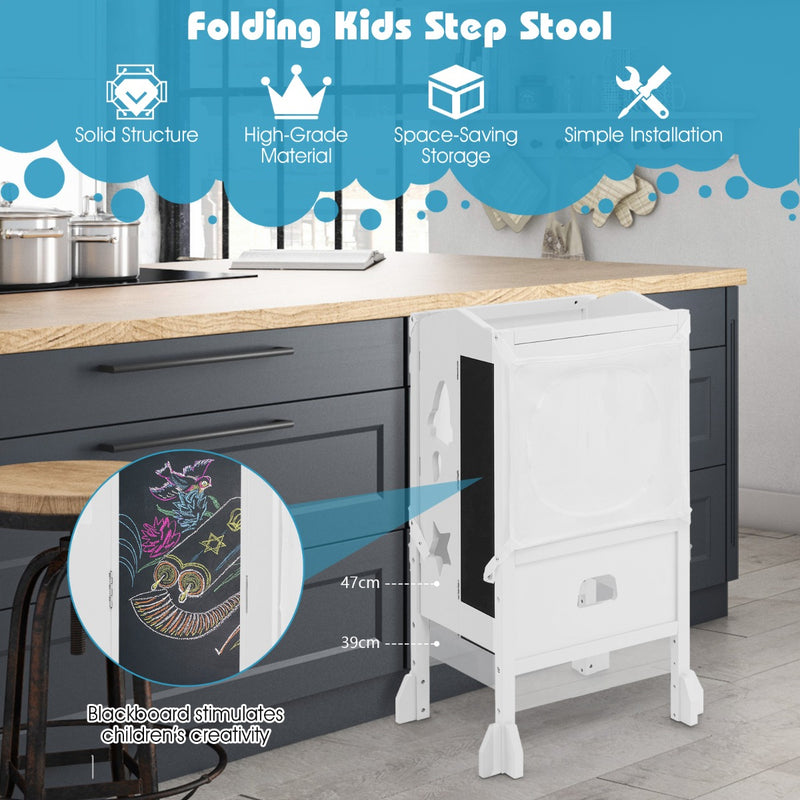 Wooden Kids Kitchen Step Stool with Blackboard-White