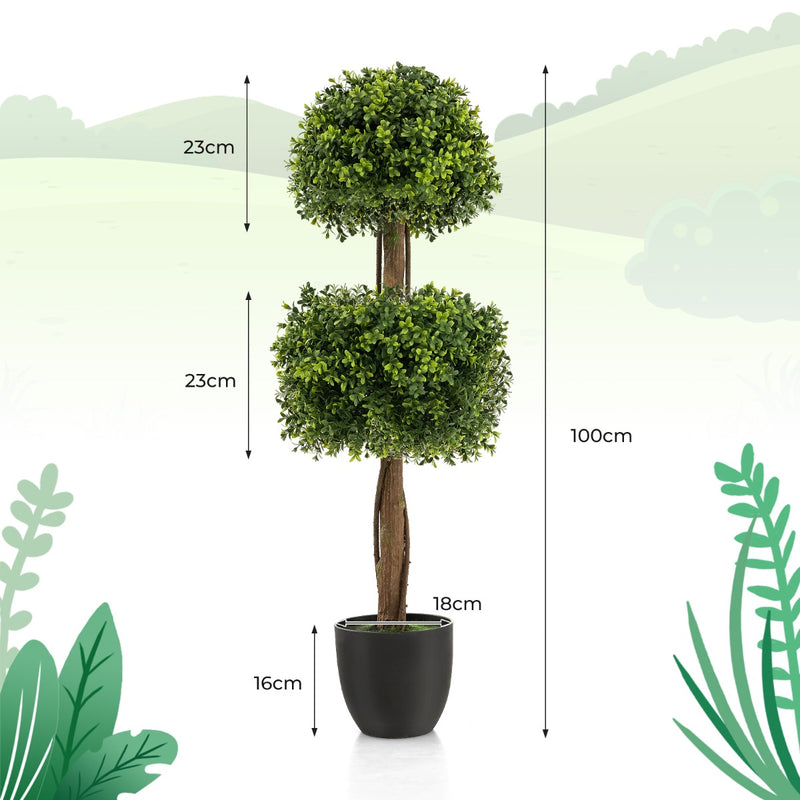 Árbol topiario de boj artificial de 100 cm con maceta de plástico rellena de cemento