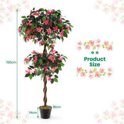 140 CM Artificial Bougainvillea Tree with 252 Flowers and 630 Leaves and Real Wood Trunk