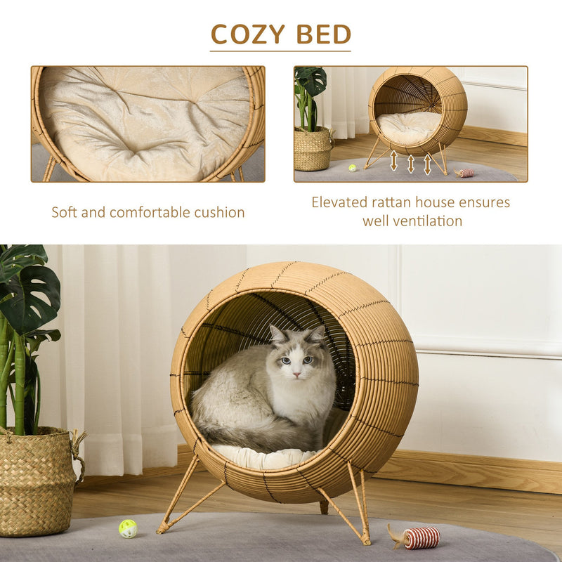 Cama elevada de mimbre para gatos PawHut, canasta elevada de ratán para gatitos, cueva acogedora con cojín suave, Φ52 x 58 cm, marrón claro