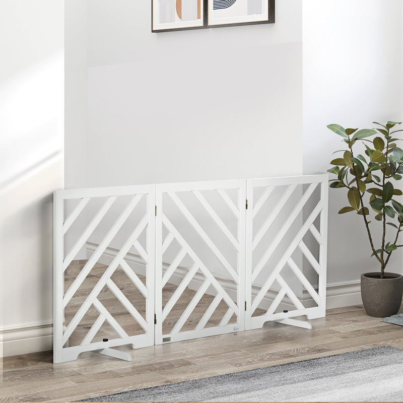 PawHut Dog Gate, Freestanding Pet Gate, Folding Wooden Puppy Fence, Indoor Barrier with 2PCS Support Feet for House Doorway Stairs, White