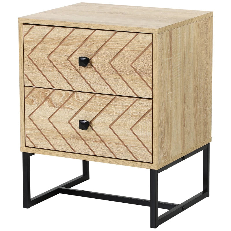 BORO Bedside Table 2 Drawer Unit Zig Zag Design Nightstand w/ Black Metal Handles Melamine Finish, 48L x 39.5W x 60H cm