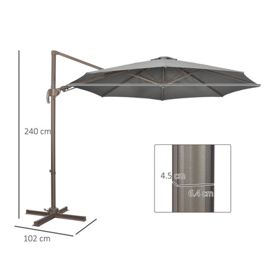 Outsunny 3(m) Cantilever Parasol 360° Rotation Roma Umbrella Hanging Sun Shade with Aluminum Frame, Tilt Crank, 8 Ribs and Cross Base, Dark Grey