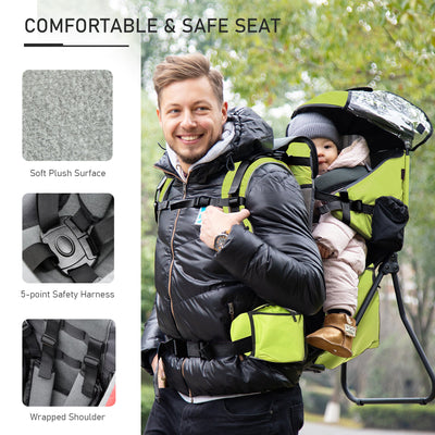 HOMCOM Baby Hiking Backpack Carrier Child Carrier with Ergonomic Hip Seat Detachable Rain Cover Adjustable Straps Stand for Toddler 6-36 Months Green