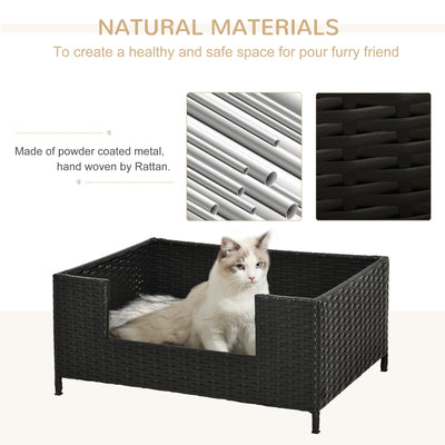 PawHut Rattan Dog Cat Bed Four Feet Pet House Hand-knitted Metal Small Animal Sofa Rattan with Soft Machine Washable Cushion Black 61L x 46W x 27H cm