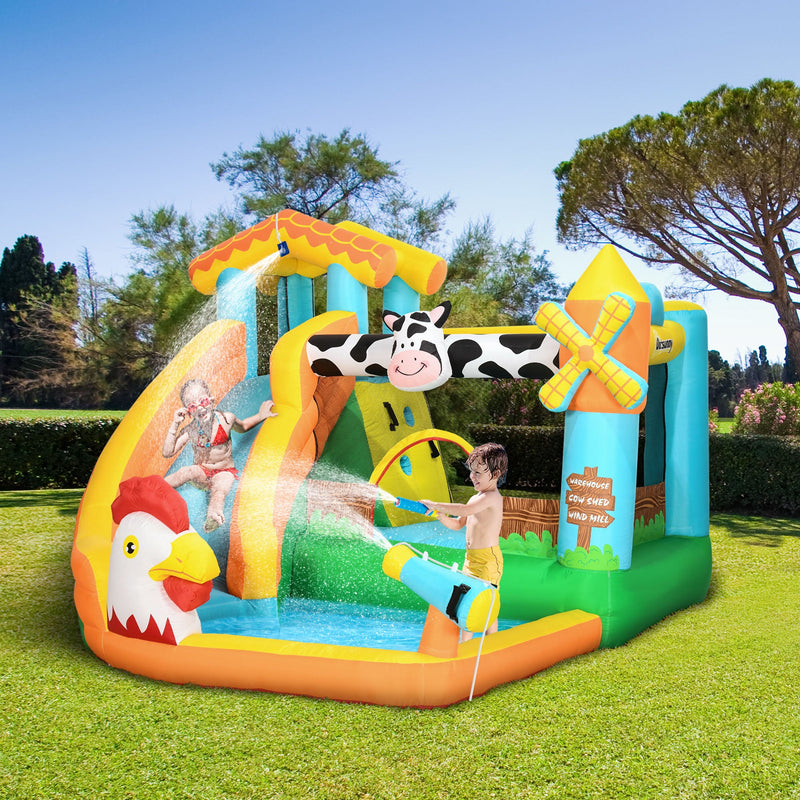 Outsunny 5 in 1 Kids Bounce Castle Farm Style Inflatable House with Slide Trampoline Pool Water Cannon Climbing Wall Inflator Carry bag for Ages 3-8