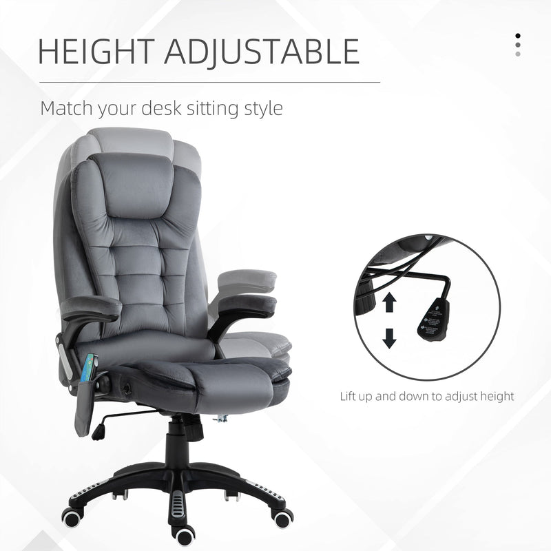 Sillón reclinable de masaje Vinsetto, silla de oficina con calefacción, seis puntos de masaje, tela con tacto aterciopelado, ruedas giratorias de 360°, color gris