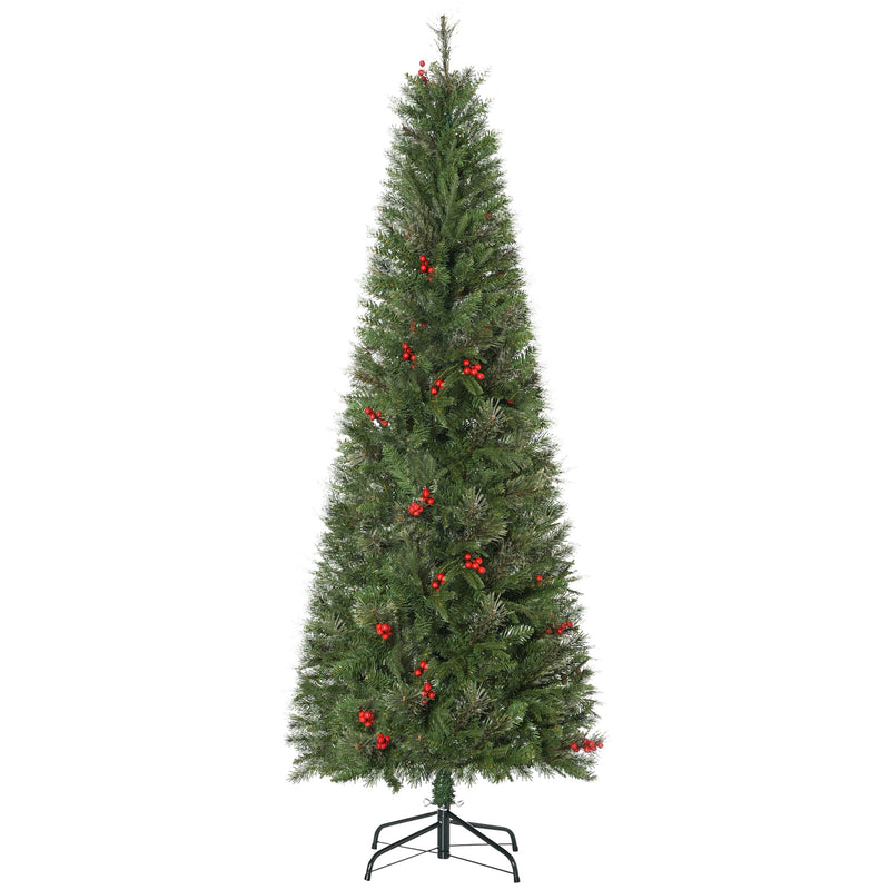 HOMCOM Pencil Artificial Christmas Tree with Realistic Branches, Red Berries, Auto Open, Green