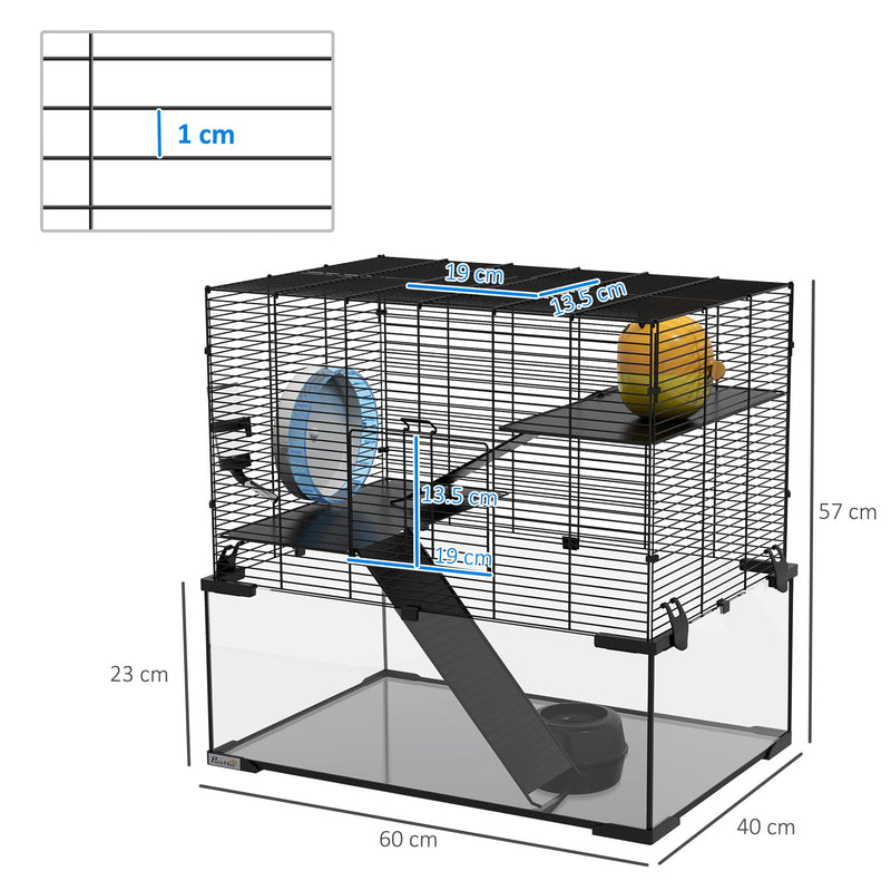 PawHut 3 Tiers Hamster Cage, Gerbil Cage with Deep Glass Bottom, Non-Slip Ramps, Platforms, Hut Exercise Wheels Water Bottle for Syrian Dwarf Hamster