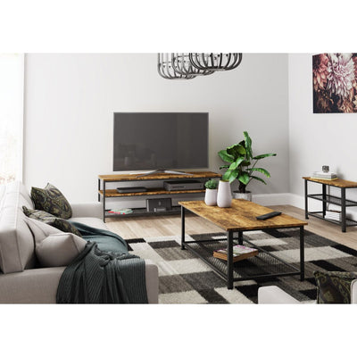 Bala Living Coffee Table in rustic wood grain style with black metallic