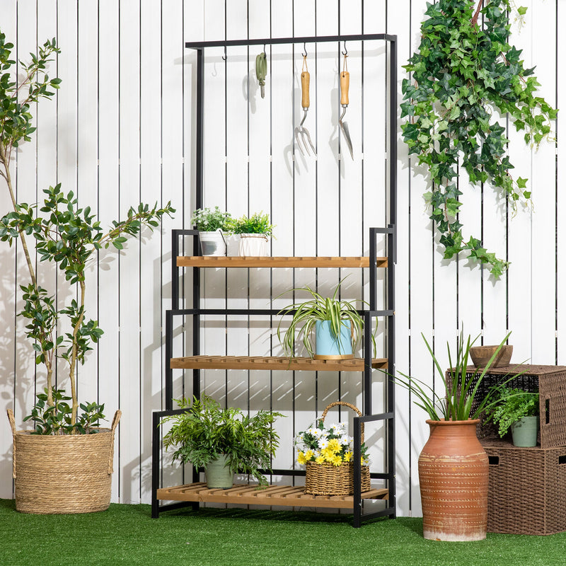 Outsunny 3 Tiered Plant Stand with Hanging Hooks, Flower Rack Shelf for Indoor Outdoor Porch Balcony Living Room Bedroom