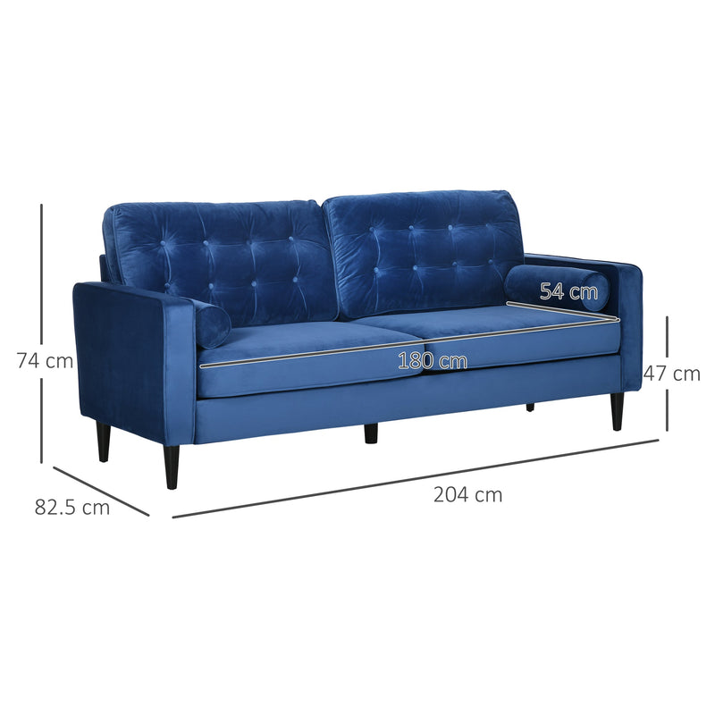 HOMCOM Mid-Century 3-Seater Sofa, 204 cm Sofa Couch with Button-Tufted Back Cushion, Velvet Feel Fabric Upholstery for Living Room, Bedroom Blue