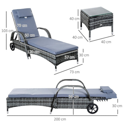 3 Seater Rattan Lounger Set With Side Table-Grey