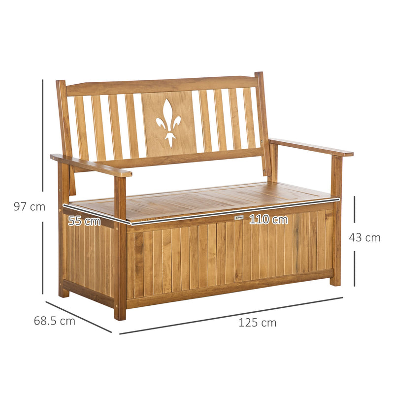 Banco de jardín de madera de 2 plazas Outsunny, caja de almacenamiento para exteriores, muebles de patio, 125 x 68,5 x 97 cm, color natural