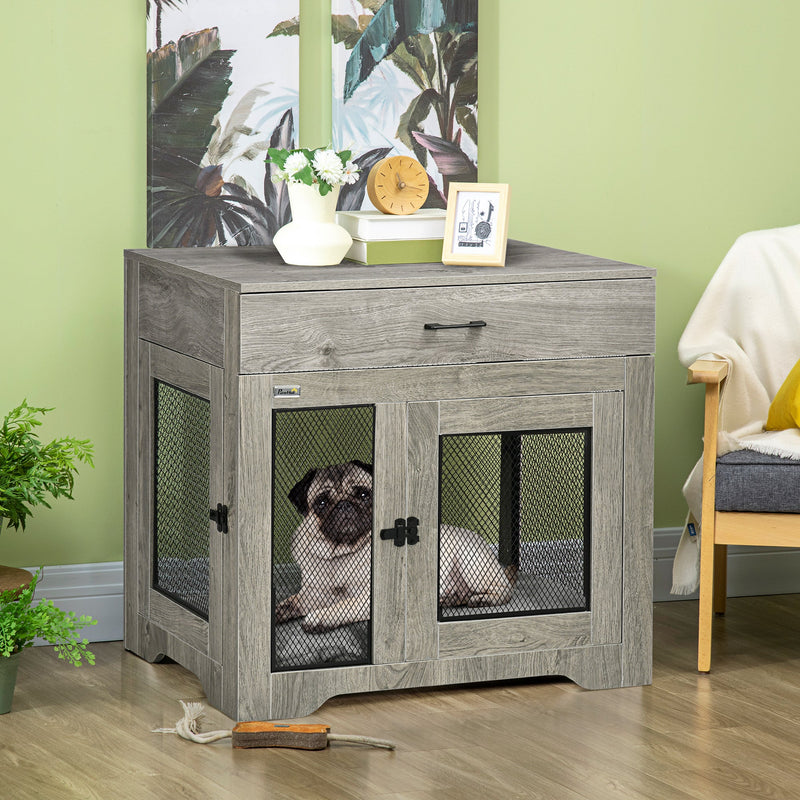 PawHut Indoor Use Dog Crate Furniture with Cushion Double Doors Pet Kennel End Table with Drawer for Medium Dogs Grey