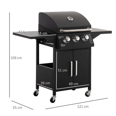 3 Burner Gas BBQ Grill Outdoor Portable Barbecue Trolley - Black