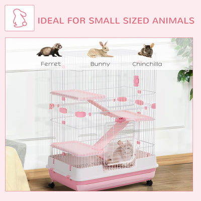 Jaula para animales pequeños de cuatro niveles PawHut, para conejos, hurones y chinchillas, con ruedas y bandeja, color rosa