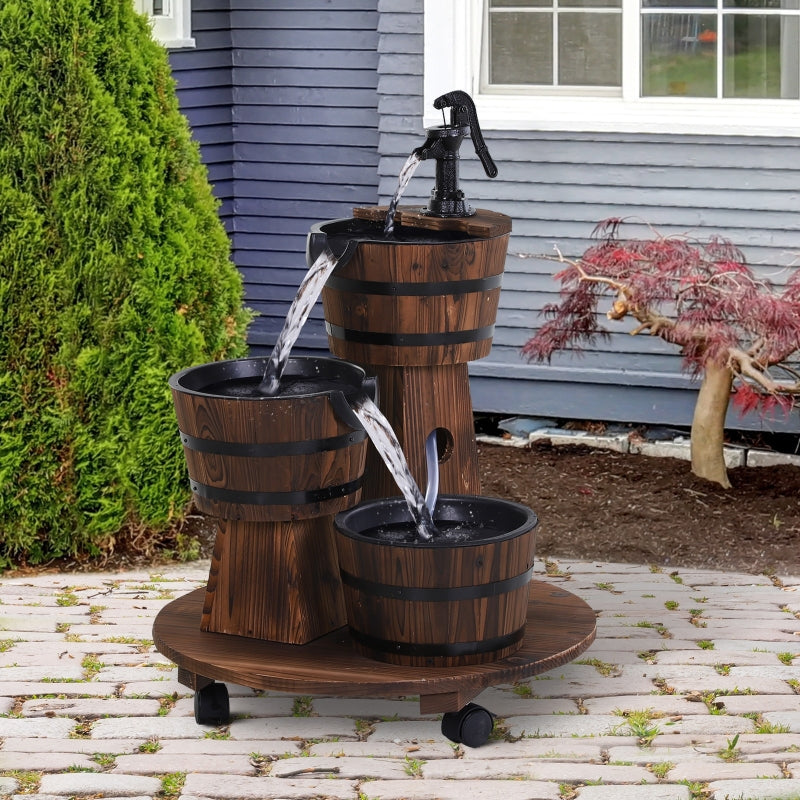 Patio Wooden Water Fountain 3 Barrels Set With Wheels