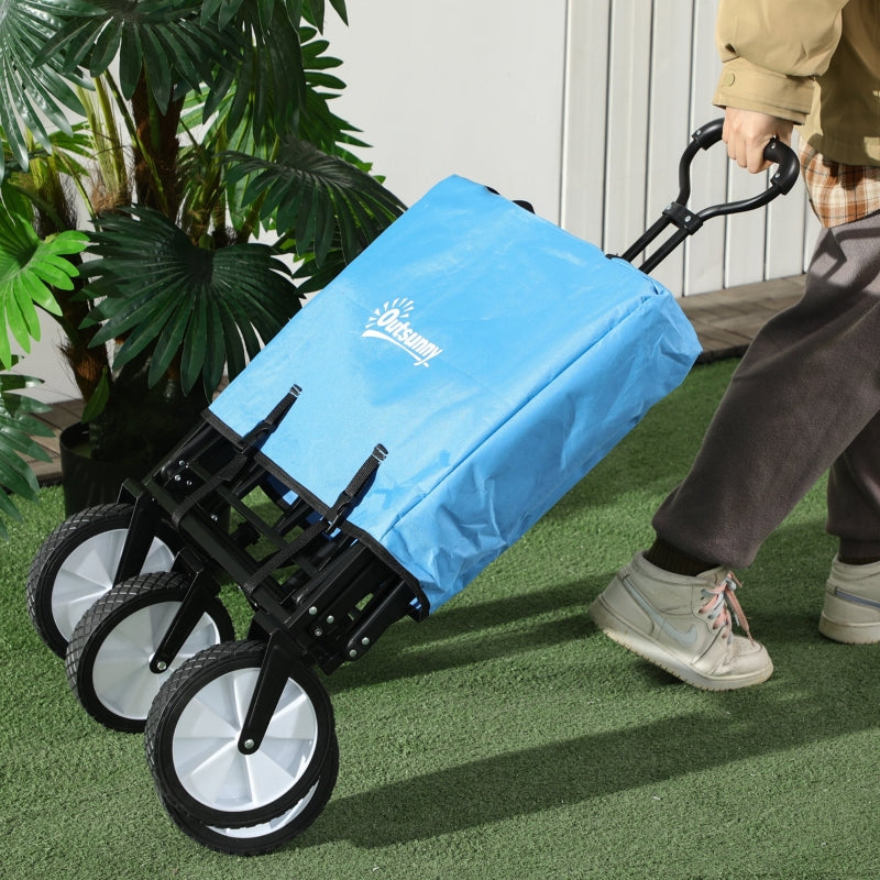 Pull Along Cart Folding Cargo Wagon Trailer Trolley - Blue