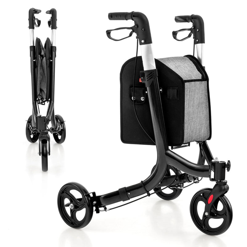 Folding Aluminum Rolling Walker with Zippered Storage Bag and Safe Dual Brake System-Black