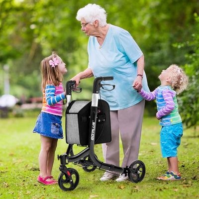 Folding Aluminum Rolling Walker with Zippered Storage Bag and Safe Dual Brake System-Black