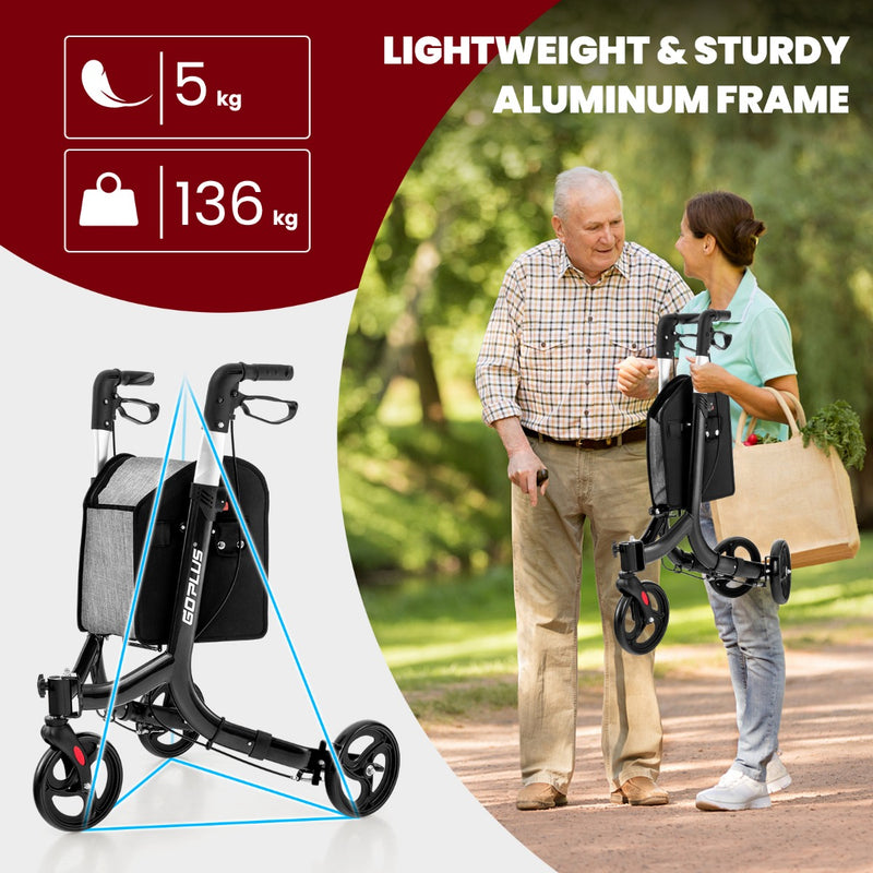 Folding Aluminum Rolling Walker with Zippered Storage Bag and Safe Dual Brake System-Black