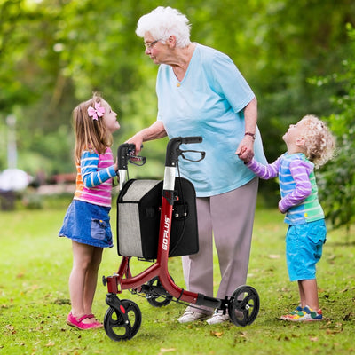 Folding Aluminum Rolling Walker with Zippered Storage Bag and Safe Dual Brake System-Red