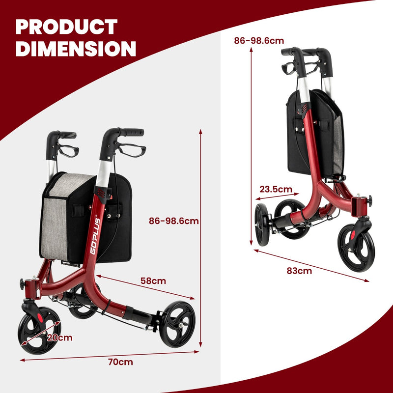 Folding Aluminum Rolling Walker with Zippered Storage Bag and Safe Dual Brake System-Red