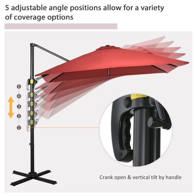 Outsunny 2.5x2.5m Patio Offset Parasol Umbrella Cantilever Hanging Aluminium Sun Shade Canopy Shelter 360°Rotation w/Crank Handle Cross Base Wine Red