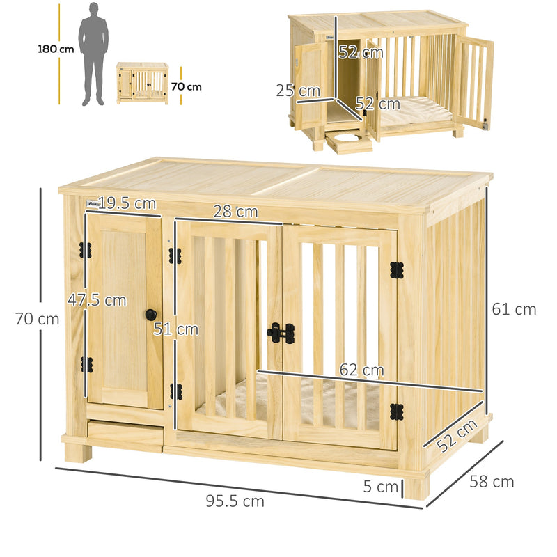 PawHut Dog Crate Furniture with Drawer Bowl, Wooden Dog Cage with Storage Cushion for Small Dogs, Natural