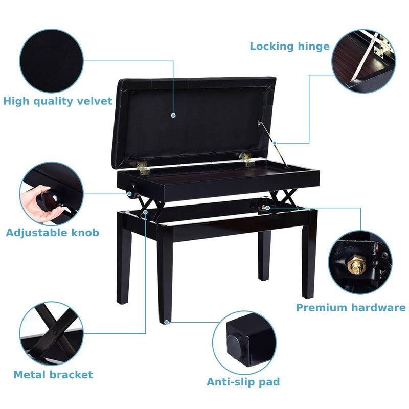 Height-adjustable Piano Stool with Padded Cushion and Storage Compartment