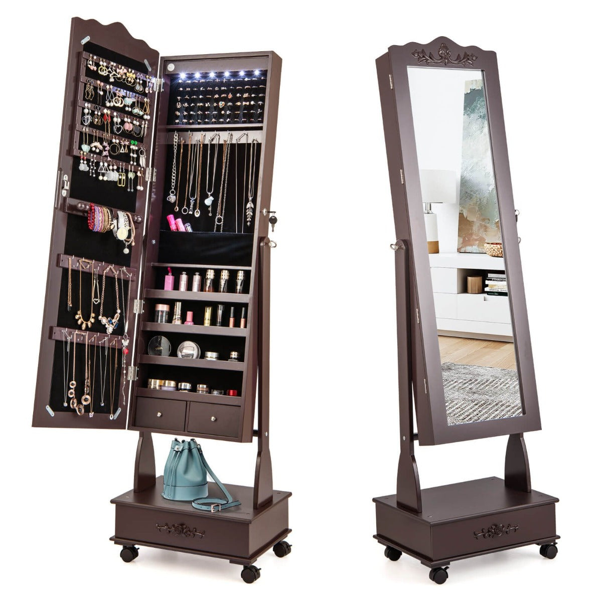 Jewelry armoire deals mirror with lights