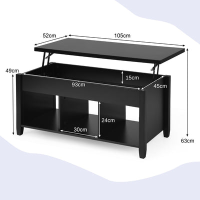 Mesa de centro elevable con compartimento oculto y tapa elevable, color negro