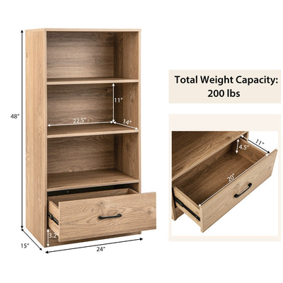 Estantería de madera para almacenamiento con estantes abiertos de 3 niveles y cajón, color natural