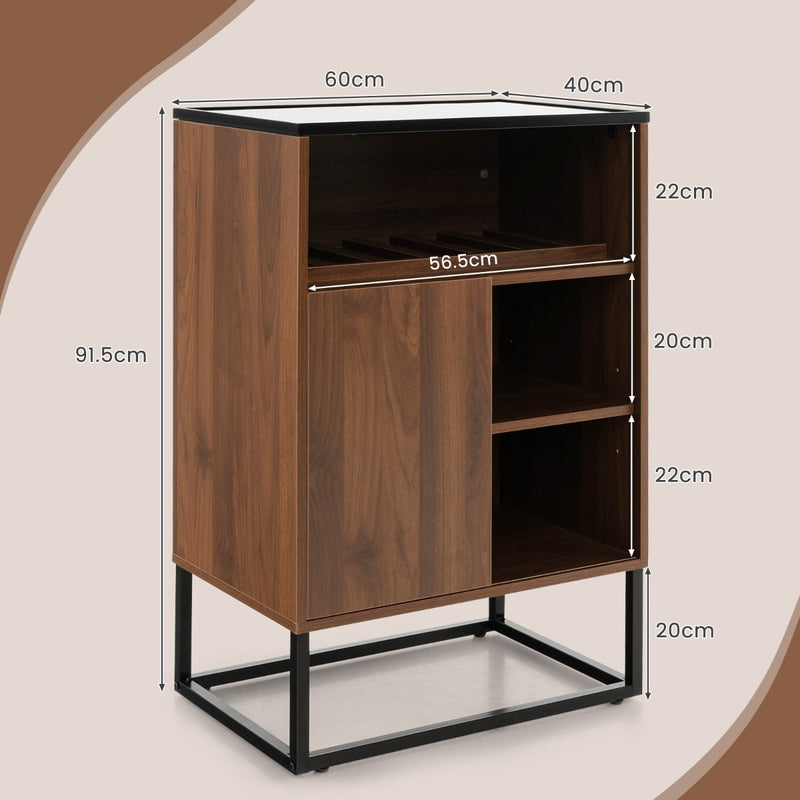 Freestanding Wine Cabinet with Tempered Glass Top-Walnut