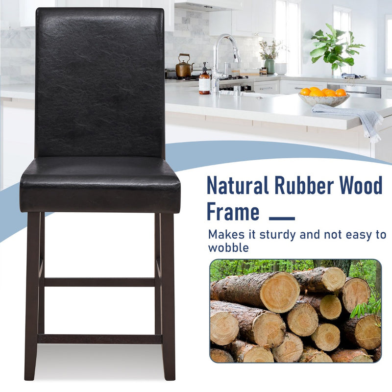 Set of 2 Counter Height Bar Stools with Rubber Wood Legs and Ergonomic Back