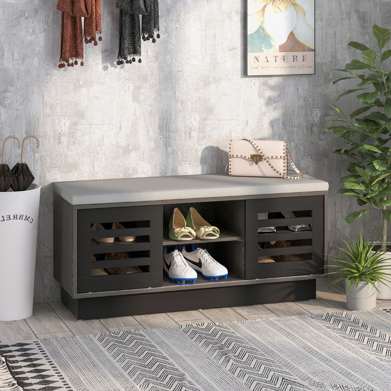 Shoe Bench with 6 Storage Compartments and 3 Adjustable Shelves and Cushion-Dark Grey