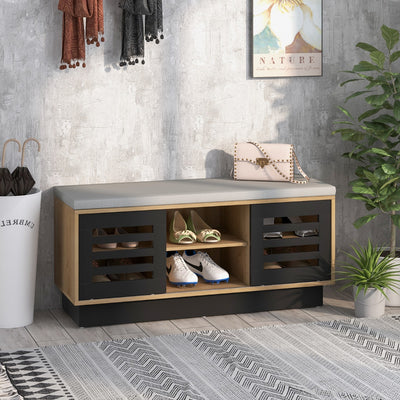 Shoe Bench with 6 Storage Compartments and 3 Adjustable Shelves and Cushion-Natural