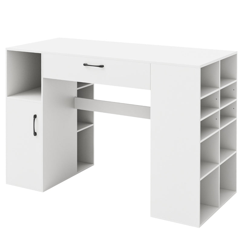 Counter Height Sewing Table with 14 Open Compartments and 3-position Adjustable Shelf-White