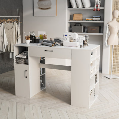 Counter Height Sewing Table with 14 Open Compartments and 3-position Adjustable Shelf-White