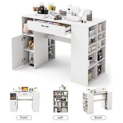 Counter Height Sewing Table with 14 Open Compartments and 3-position Adjustable Shelf-White