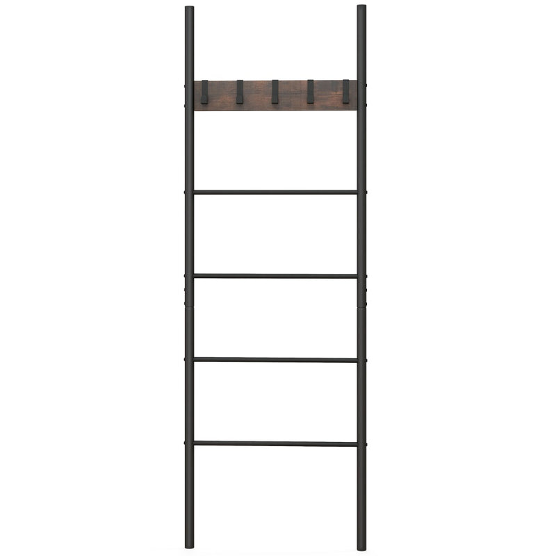 5-Tier Wall Leaning Blanket Ladder with 5 Removable Hooks and Industrial Blanket Holder Rack