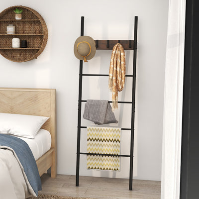 5-Tier Wall Leaning Blanket Ladder with 5 Removable Hooks and Industrial Blanket Holder Rack