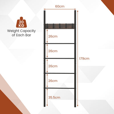 5-Tier Wall Leaning Blanket Ladder with 5 Removable Hooks and Industrial Blanket Holder Rack