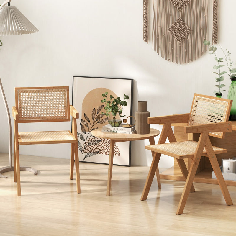 Rattan Accent Chairs Set of 2 with Natural Bamboo Frame-Natural