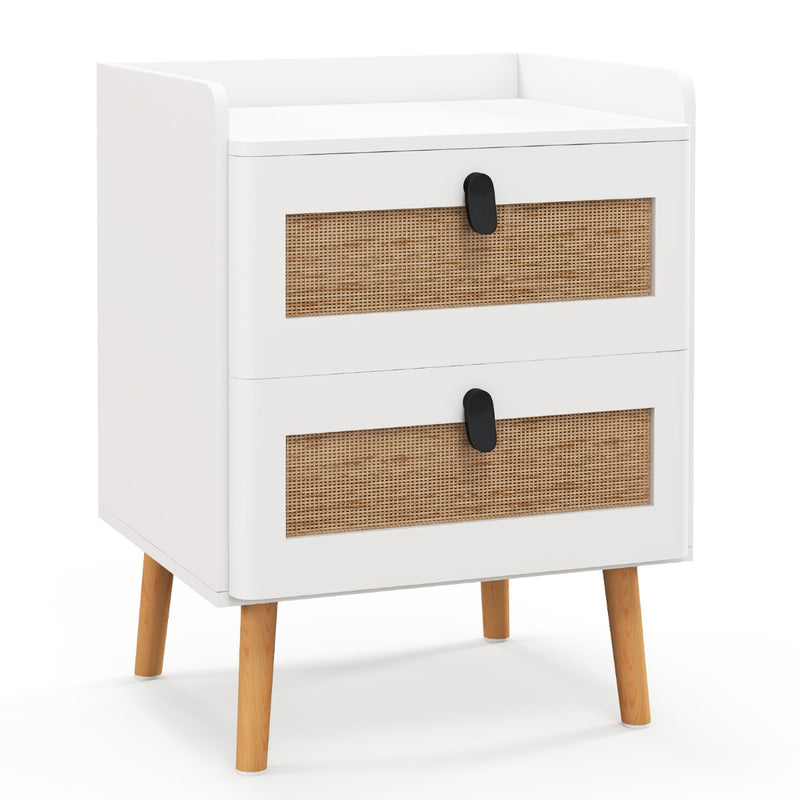 Modern End Table Bedside Table with 2 Rattan Decorated Drawers for Living Room & Bedroom-White