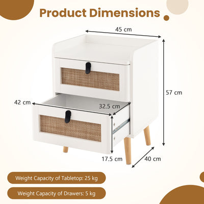 Modern End Table Bedside Table with 2 Rattan Decorated Drawers for Living Room & Bedroom-White