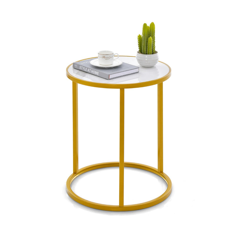 Marble Top Round Side Table with Golden Metal Frame-1 Piece-Golden