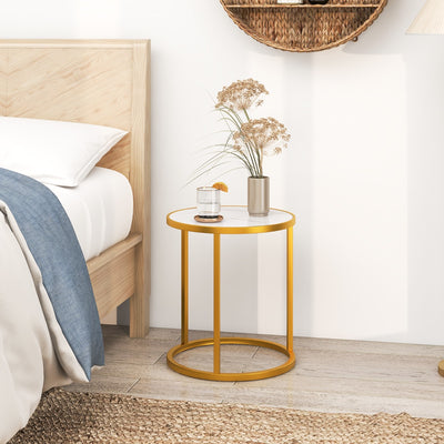 Marble Top Round Side Table with Golden Metal Frame-1 Piece-Golden