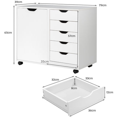 5-Drawer Mobile Side Cabinet with Wheels-White